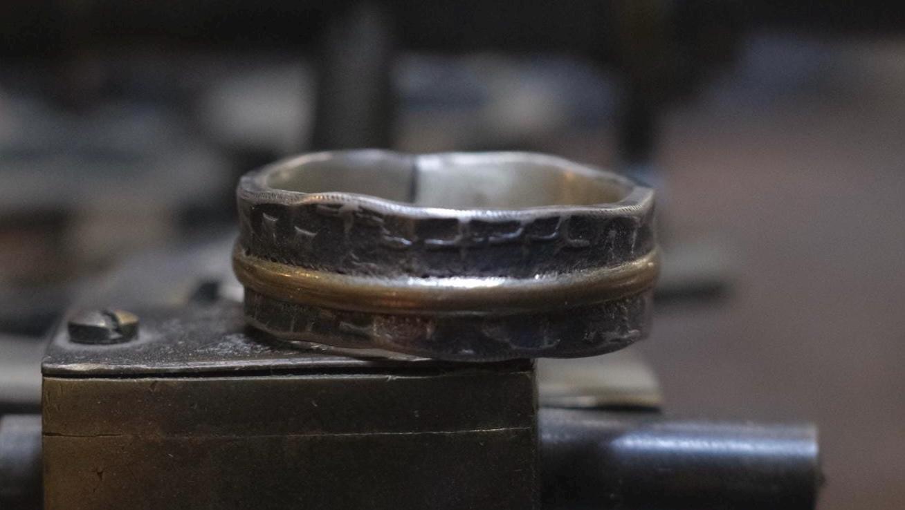 OOAK Textured Sterling Silver and 9ct Gold Ring with Size 8.5