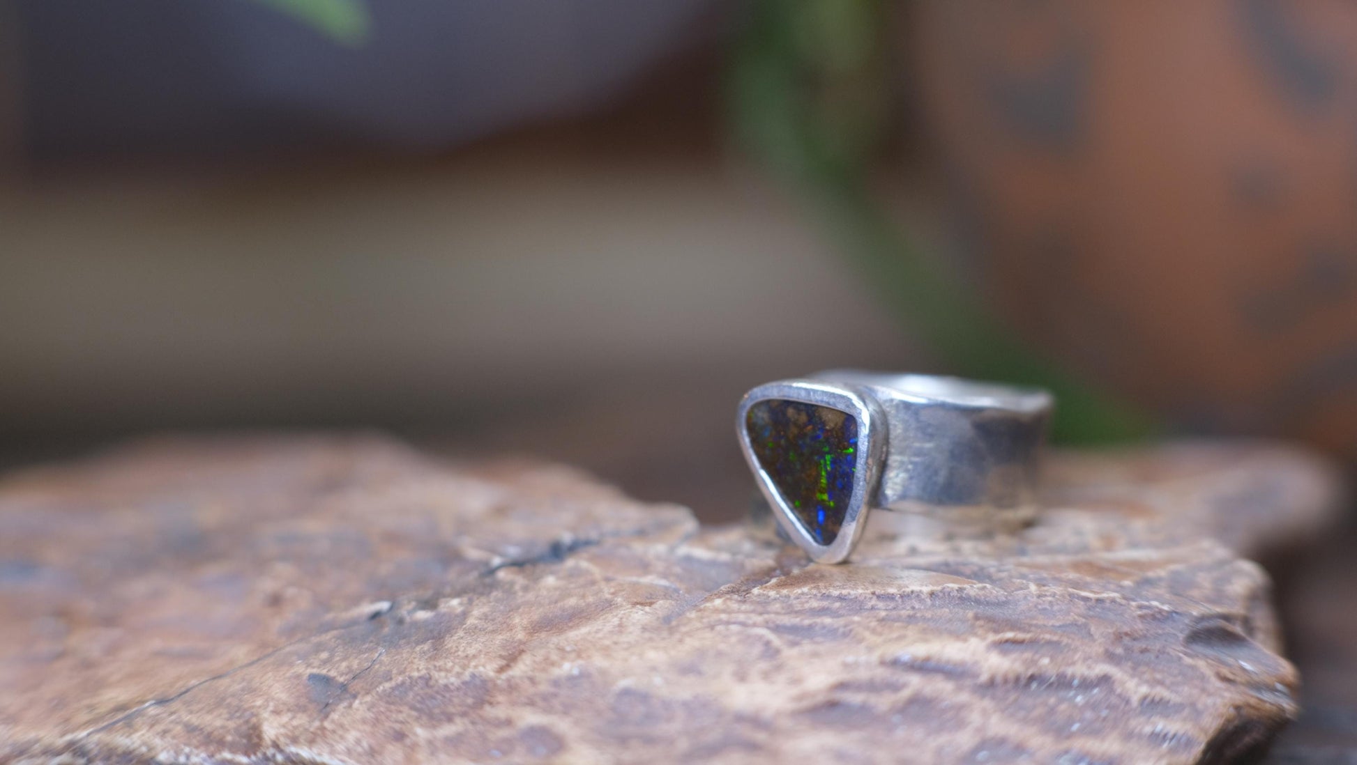 Dazzling Australian Boulder Opal on Asymetrical Sterling Silver RIng Size 10