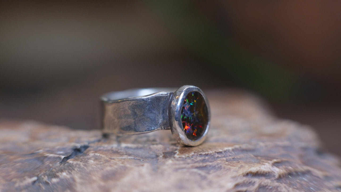 Rainbow Australian Boulder Opal on asymetrical Sterling Silver RIng Size 8.5
