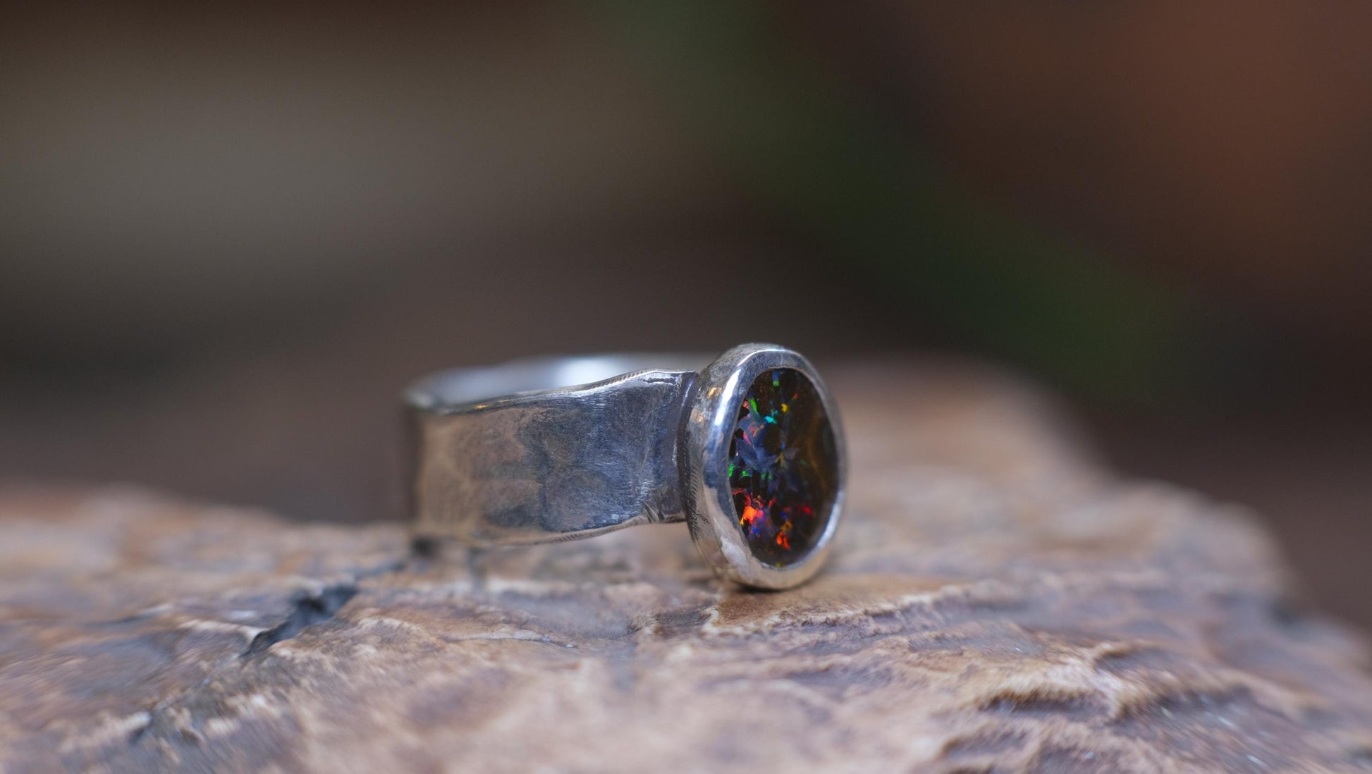 Rainbow Australian Boulder Opal on asymetrical Sterling Silver RIng Size 8.5