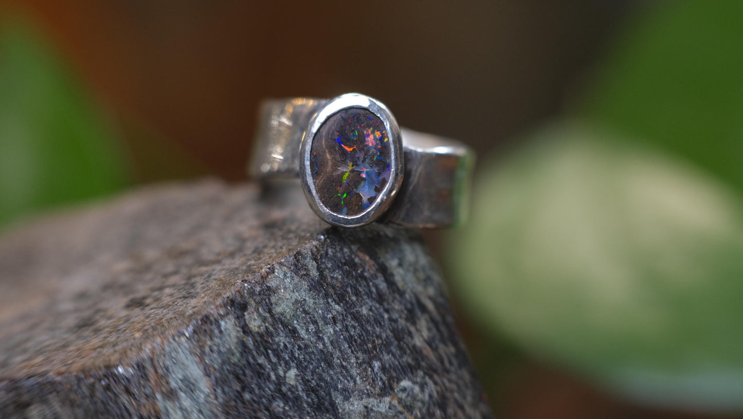 Rainbow Australian Boulder Opal on asymetrical Sterling Silver RIng Size 8.5