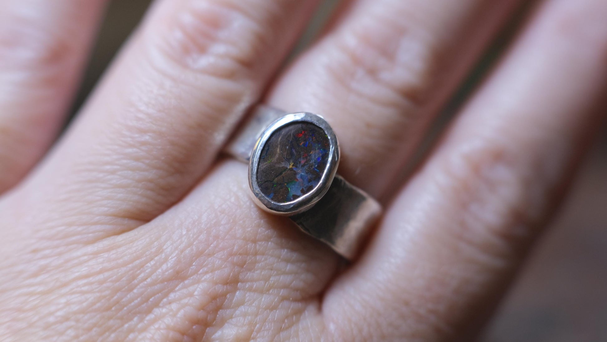 Rainbow Australian Boulder Opal on asymetrical Sterling Silver RIng Size 8.5