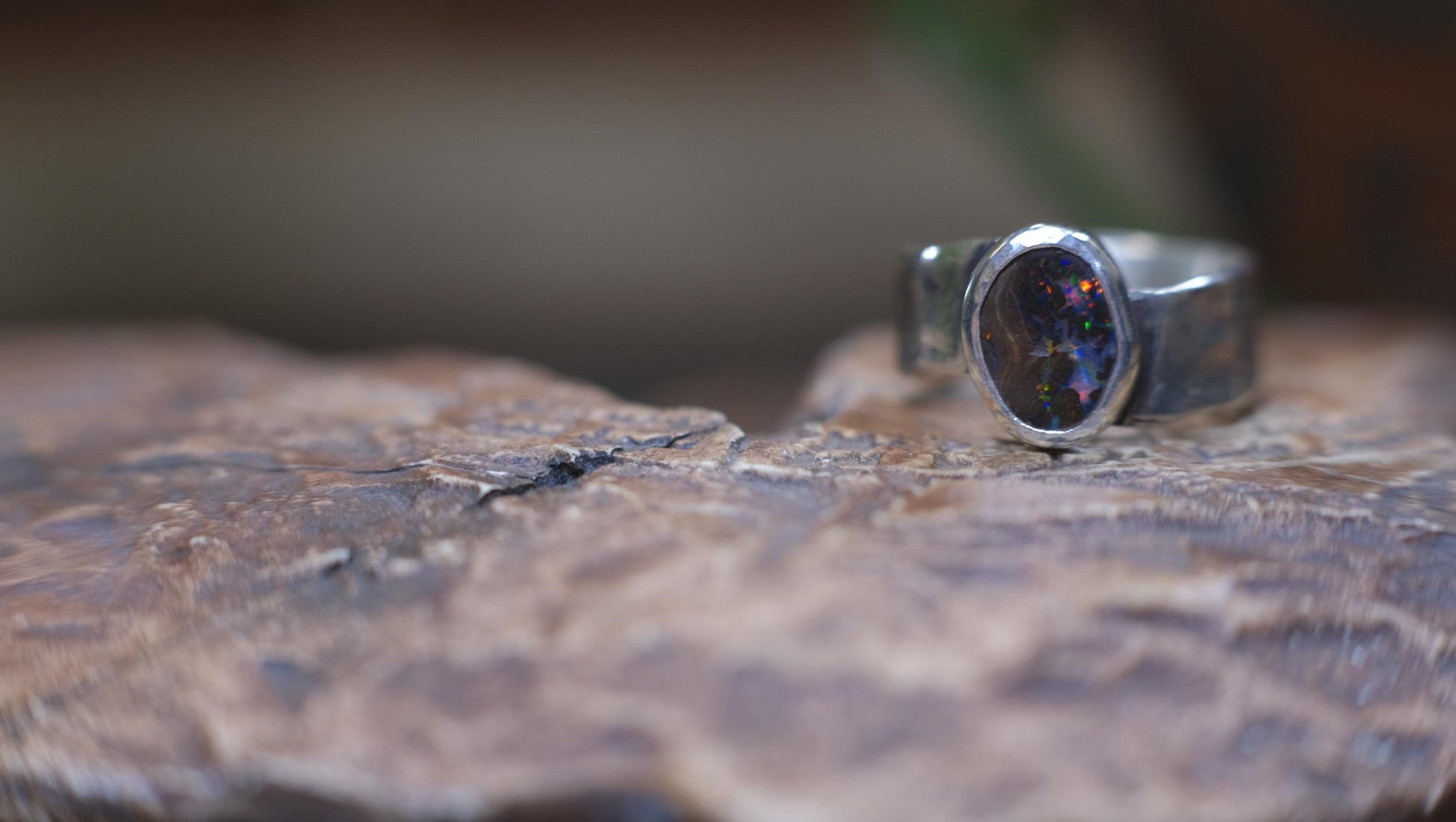 Rainbow Australian Boulder Opal on asymetrical Sterling Silver RIng Size 8.5