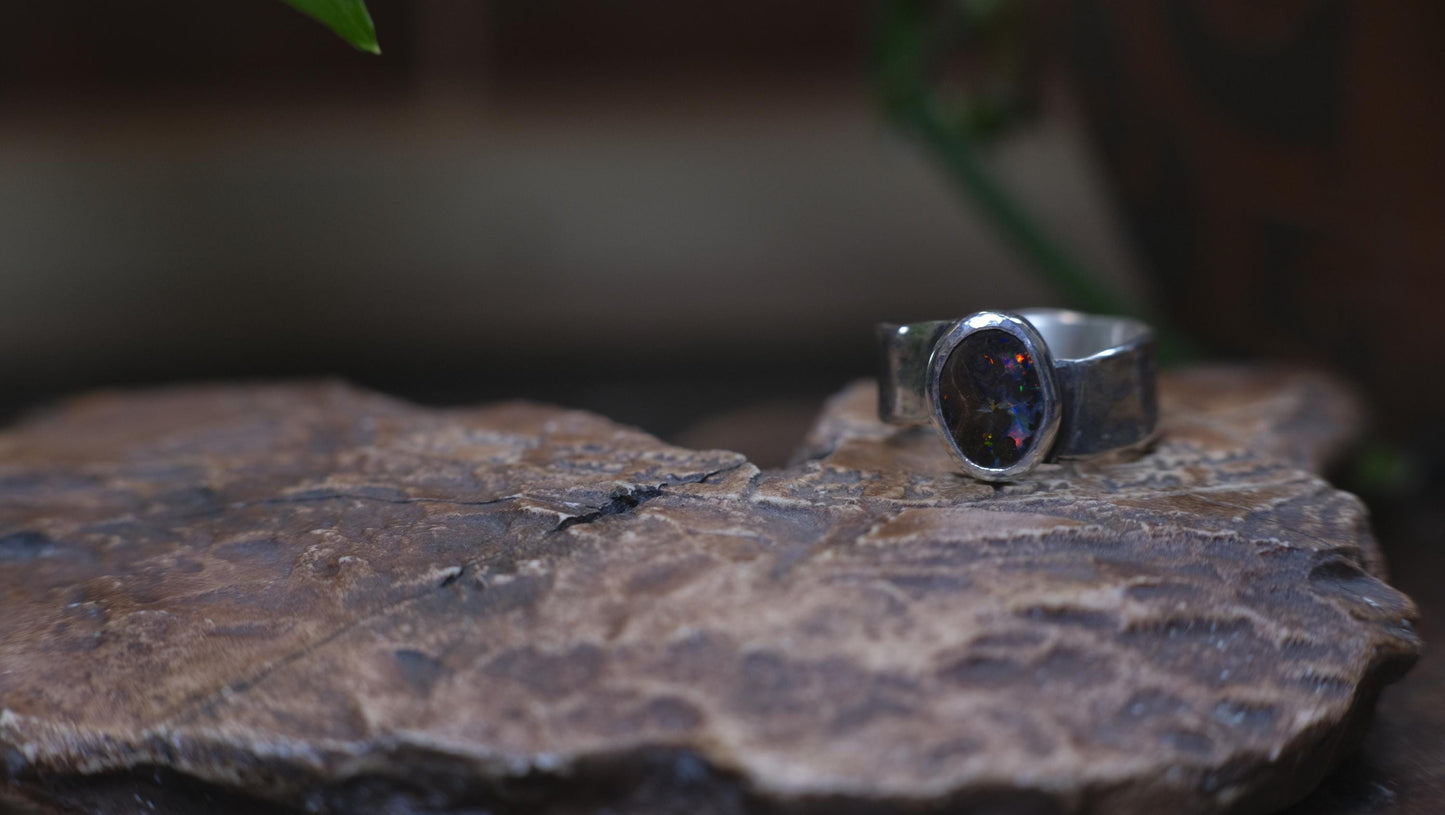 Rainbow Australian Boulder Opal on asymetrical Sterling Silver RIng Size 8.5