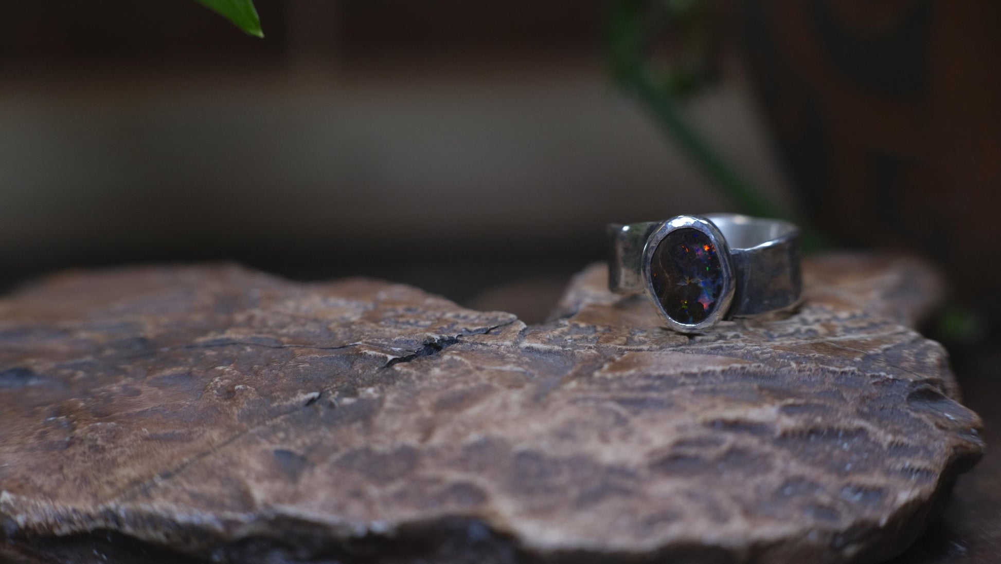 Rainbow Australian Boulder Opal on asymetrical Sterling Silver RIng Size 8.5