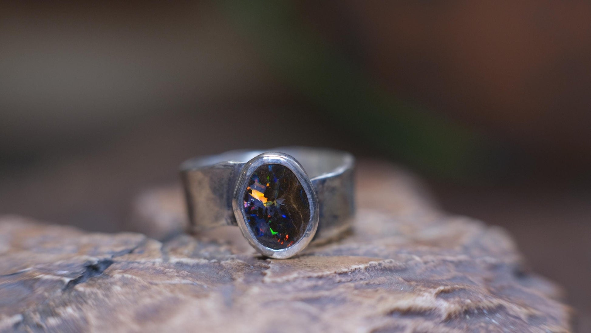 Rainbow Australian Boulder Opal on asymetrical Sterling Silver RIng Size 8.5