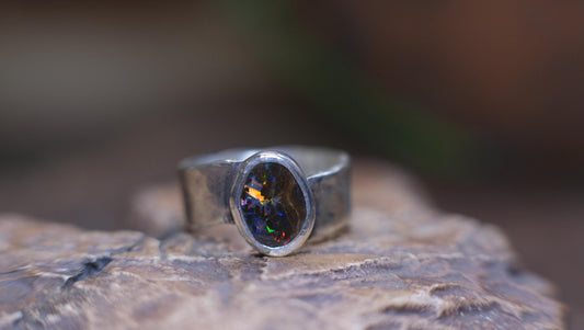 Rainbow Australian Boulder Opal on asymetrical Sterling Silver RIng Size 8.5