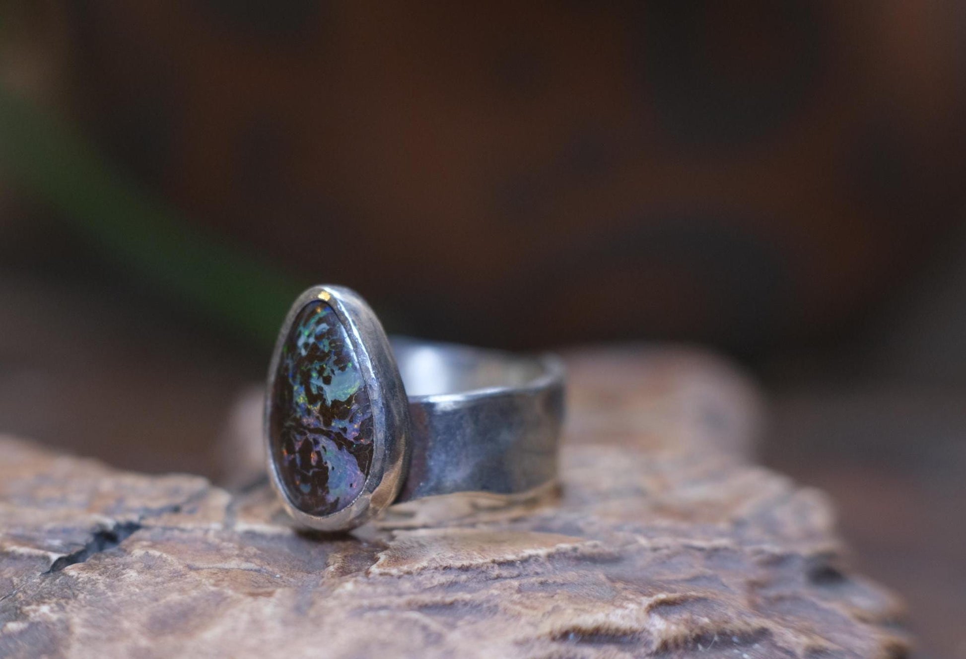 Beautiful Blue Green Australian Boulder Opal on asymetrical Sterling Silver Ring Size 8