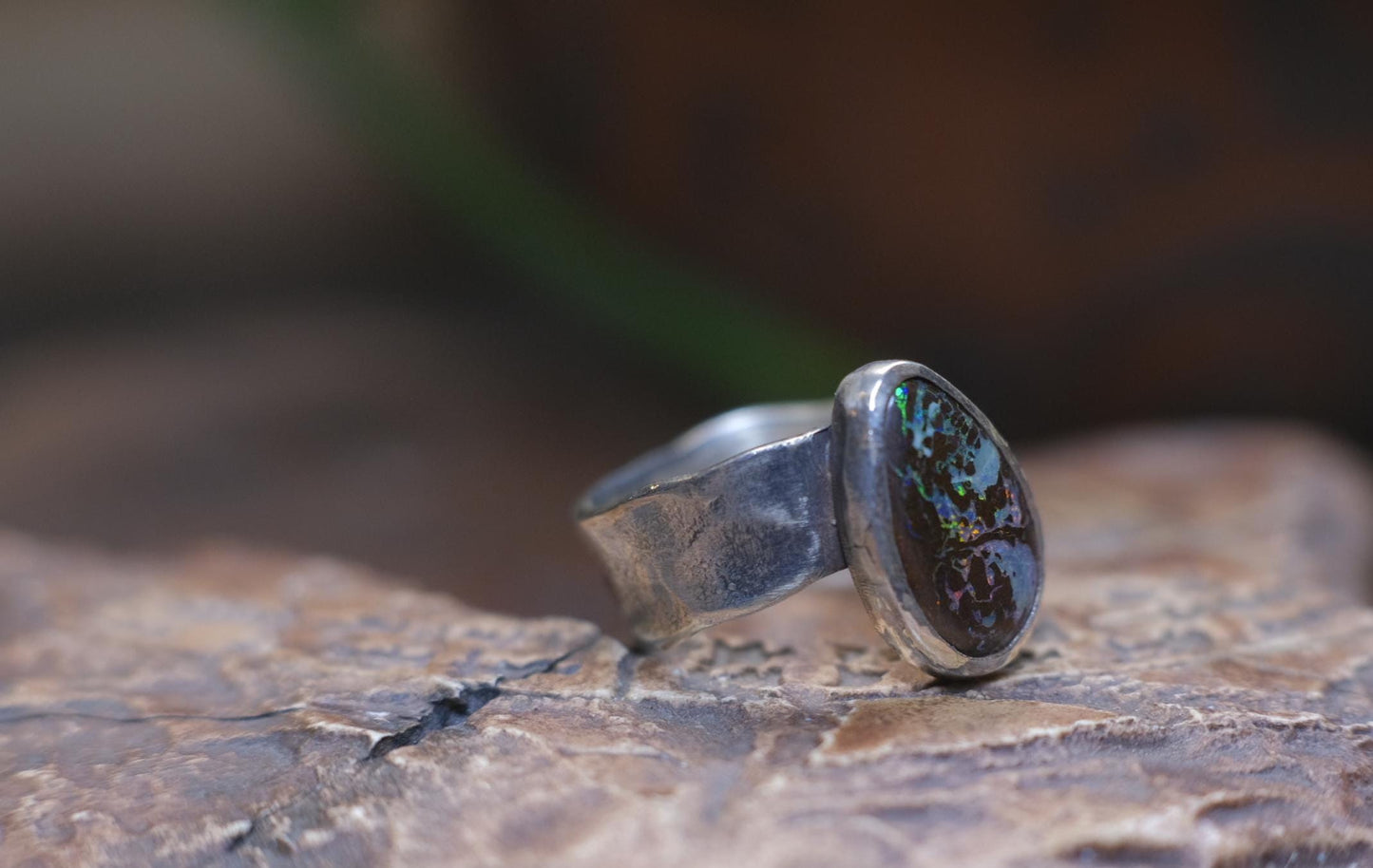 Beautiful Blue Green Australian Boulder Opal on asymetrical Sterling Silver Ring Size 8