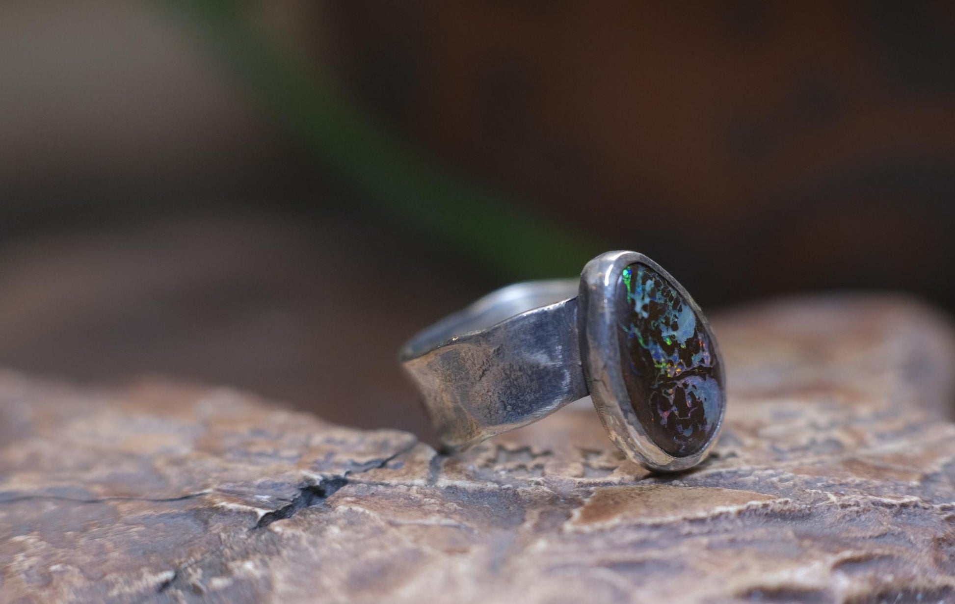 Beautiful Blue Green Australian Boulder Opal on asymetrical Sterling Silver Ring Size 8