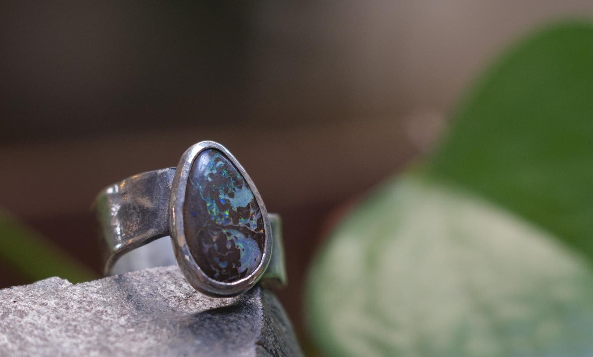 Beautiful Blue Green Australian Boulder Opal on asymetrical Sterling Silver Ring Size 8