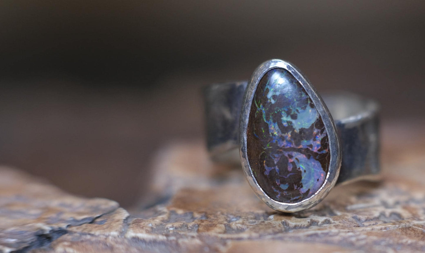 Beautiful Blue Green Australian Boulder Opal on asymetrical Sterling Silver Ring Size 8
