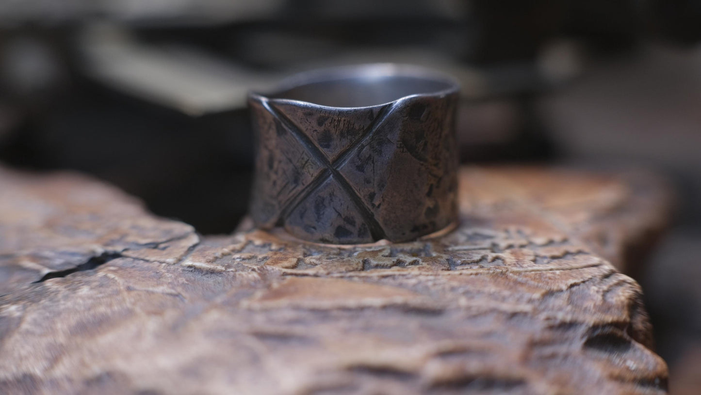 Rugged Pirate Hand crafted wide banded sterling silver ring Size 9.5