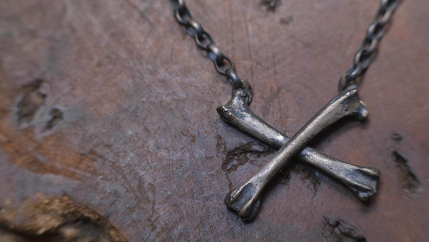 Chunky Silver Crossbones Pendant on heavy silver chain