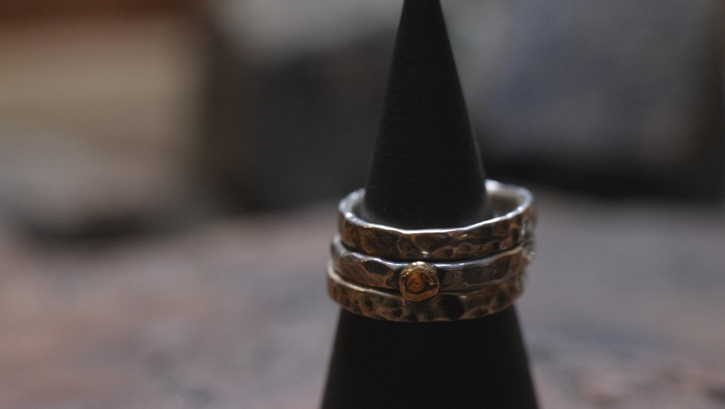 Handcrafted Hammered Sterling Silver Stacking Rings with 9ct Gold Detail Set of 3 made to size