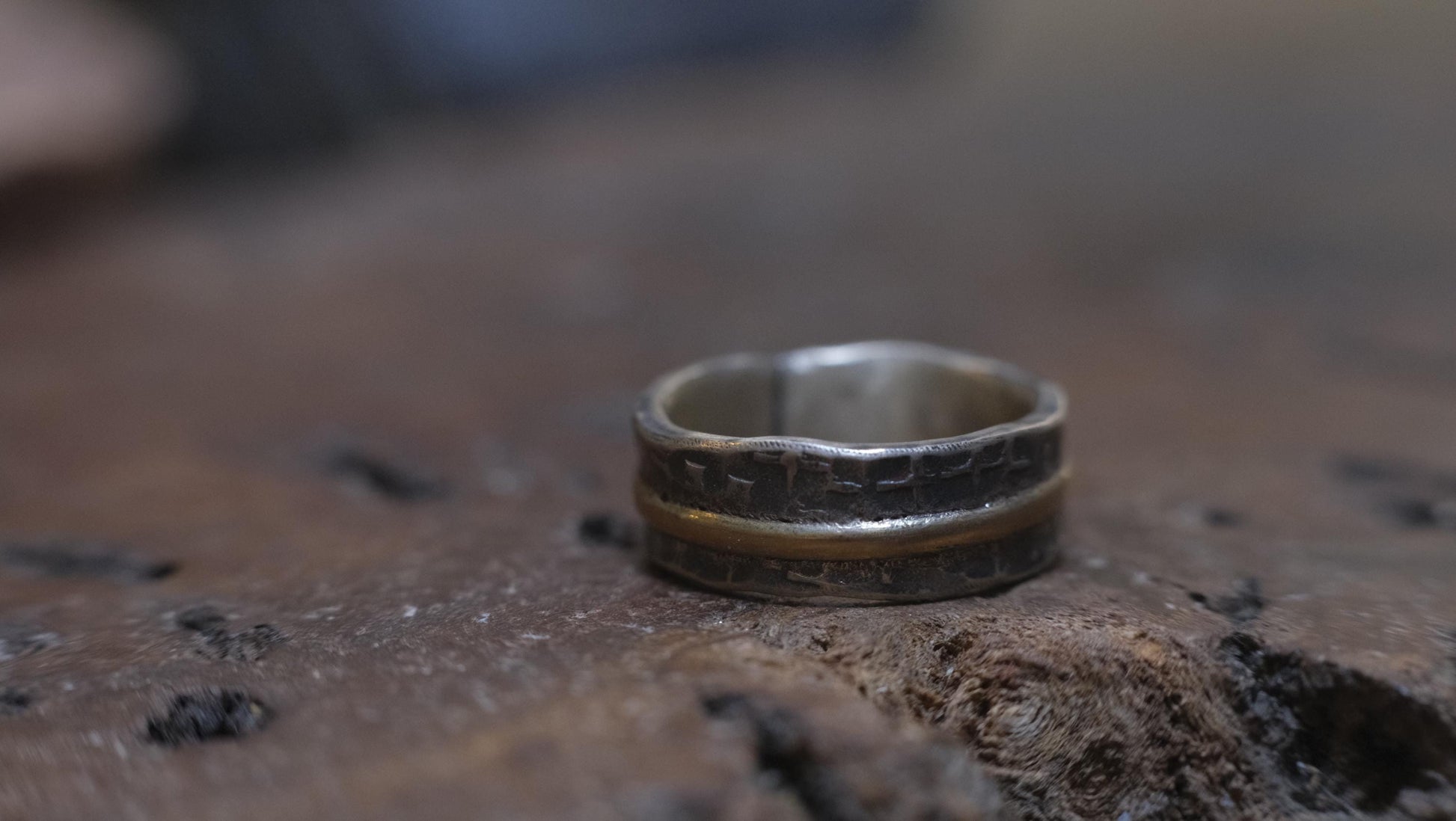 OOAK Textured Sterling Silver and 9ct Gold Ring with Size 8.5