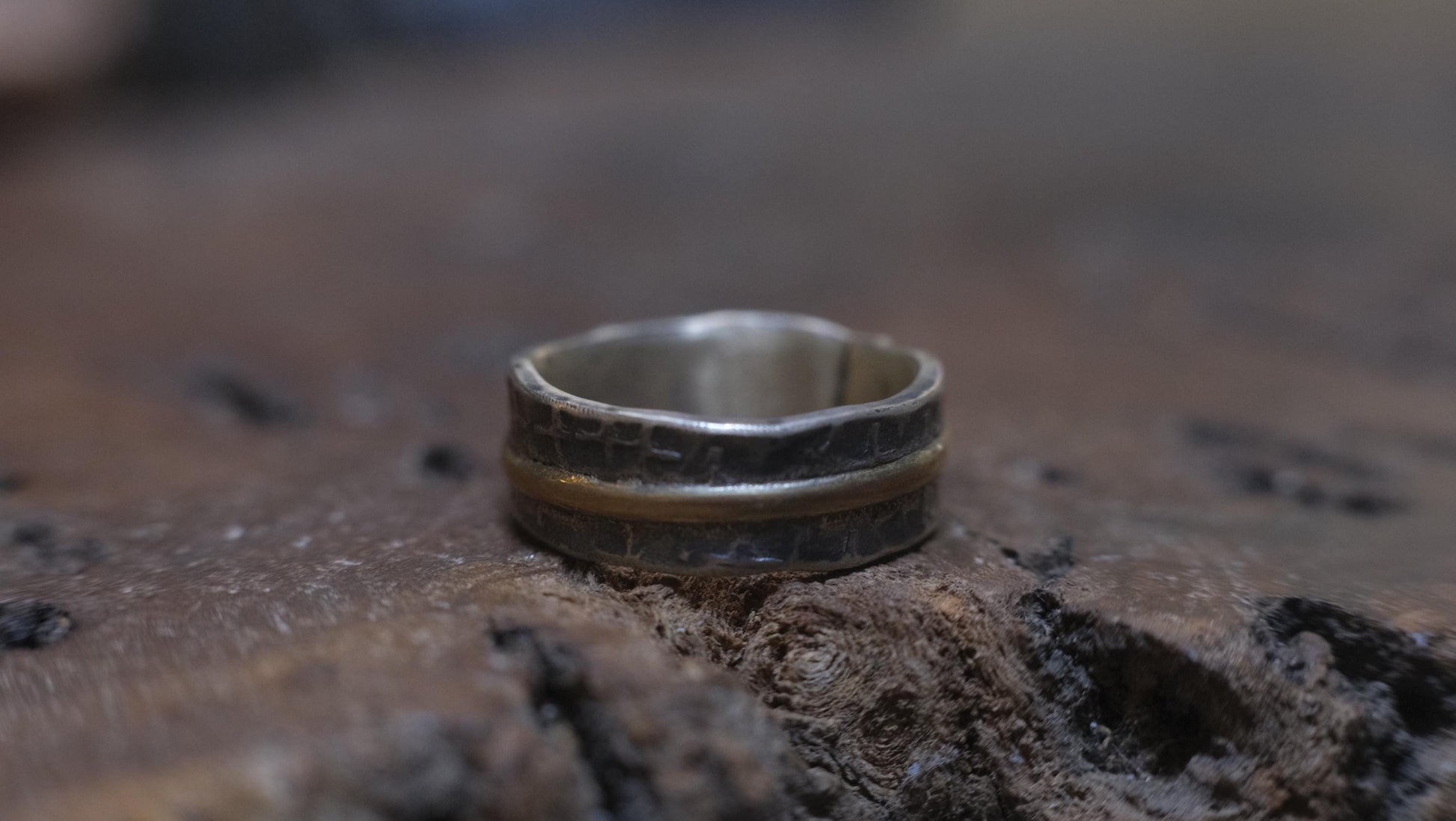 OOAK Textured Sterling Silver and 9ct Gold Ring with Size 8.5