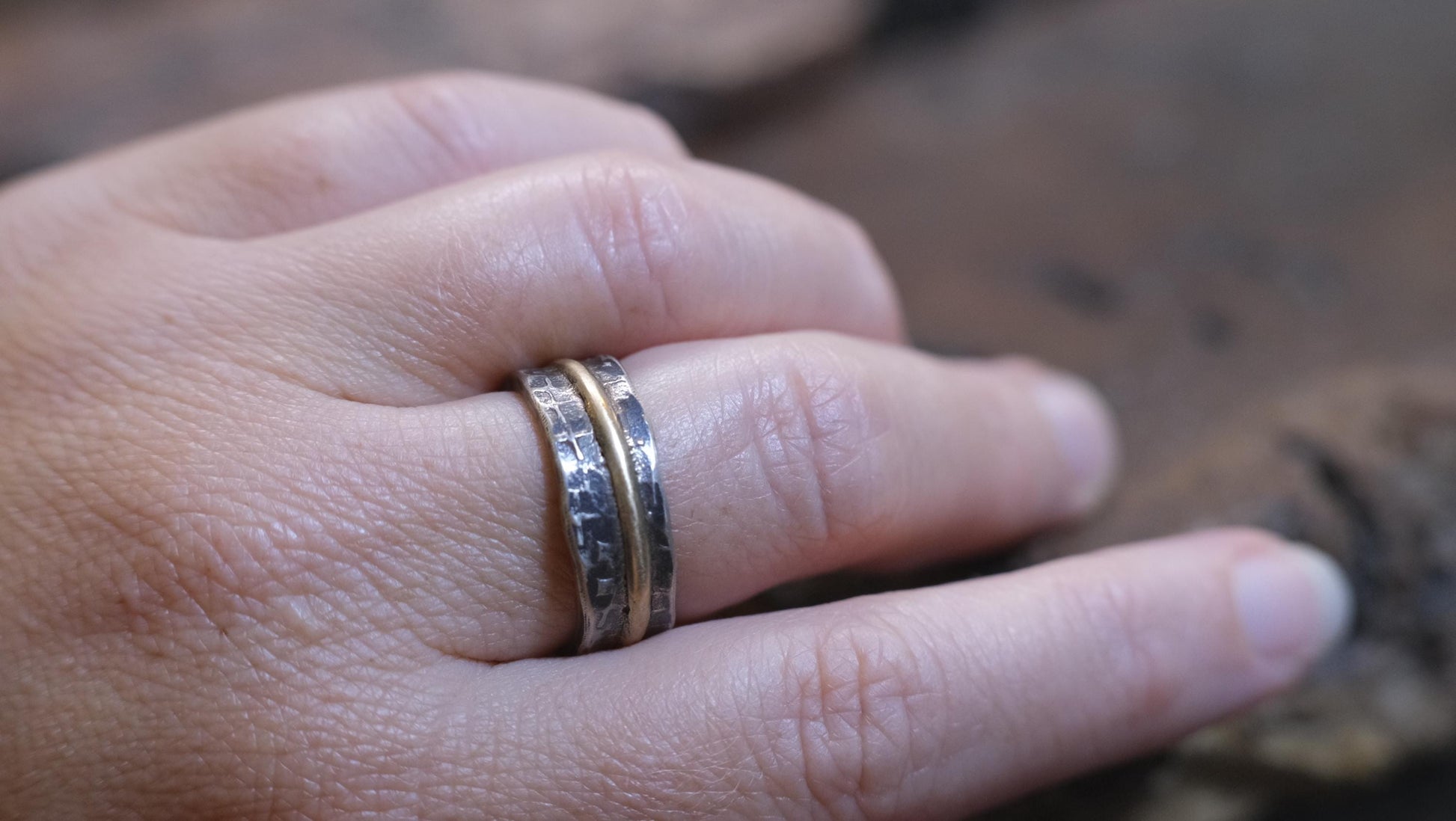 OOAK Textured Sterling Silver and 9ct Gold Ring with Size 8.5