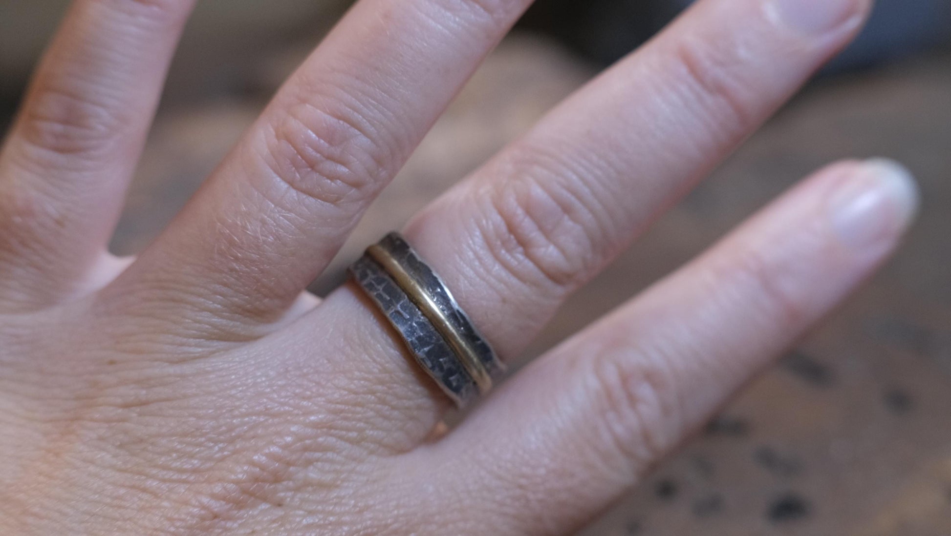 OOAK Textured Sterling Silver and 9ct Gold Ring with Size 8.5