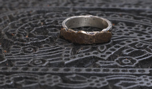 Unique Molten Textured 9ct Gold and Sterling SIlver Ring US Size 8.25