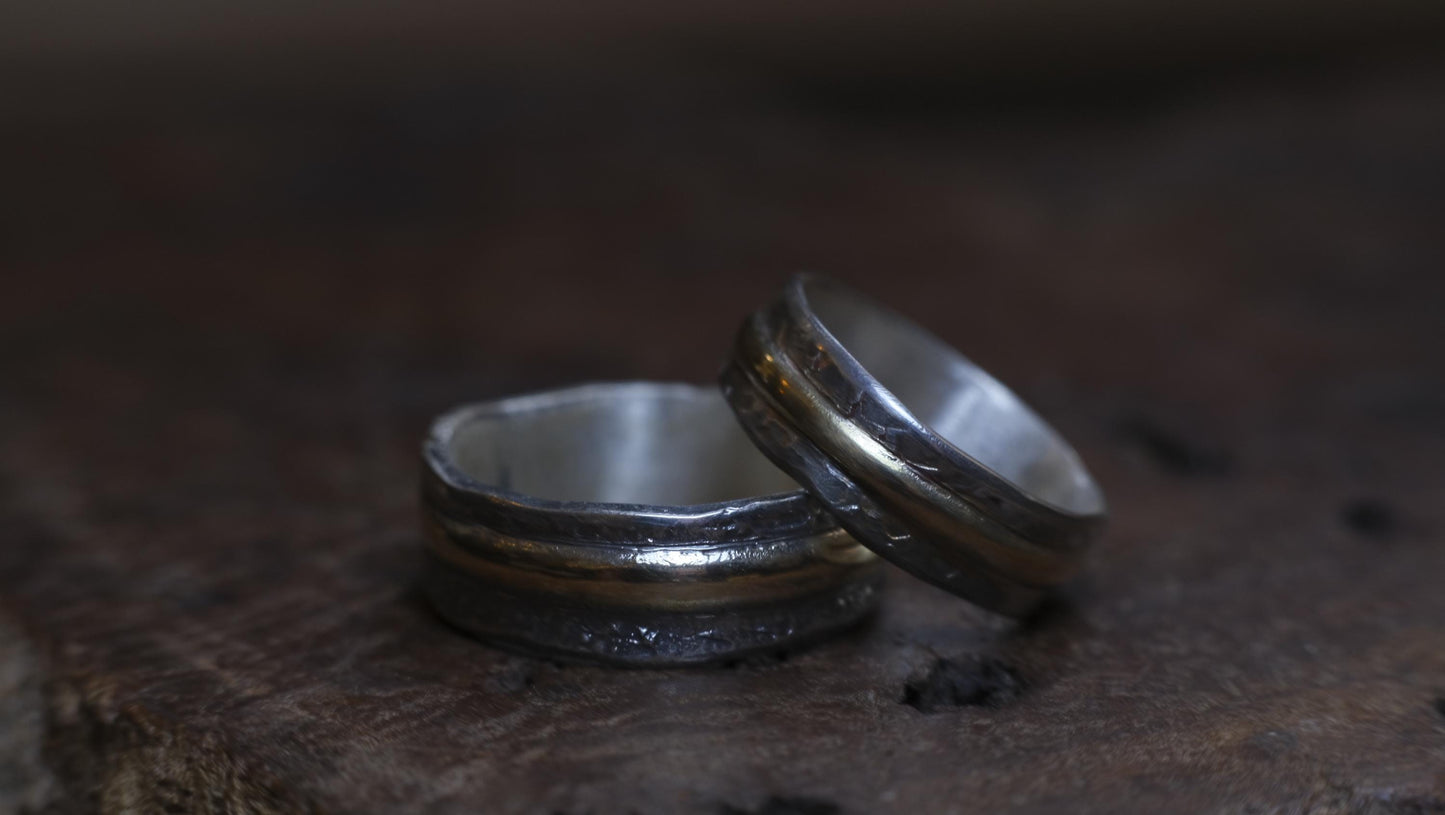 Pair Wedding Set 9ct Gold Banded Sterling Silver Rings