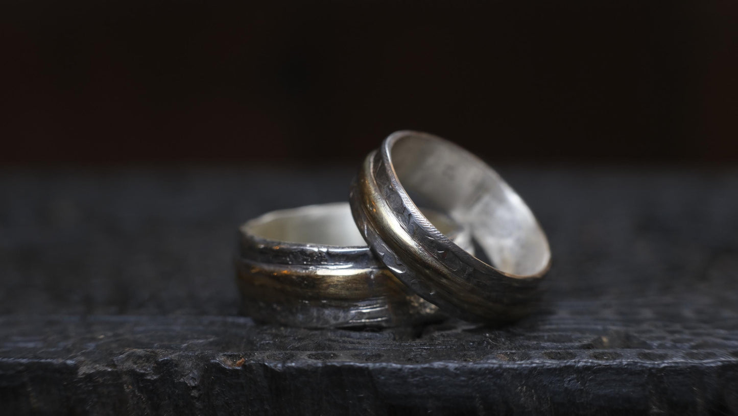 Pair Wedding Set 9ct Gold Banded Sterling Silver Rings