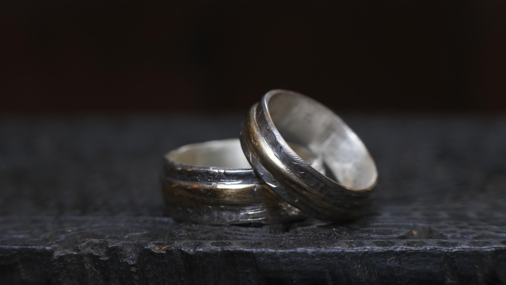 Pair Wedding Set 9ct Gold Banded Sterling Silver Rings