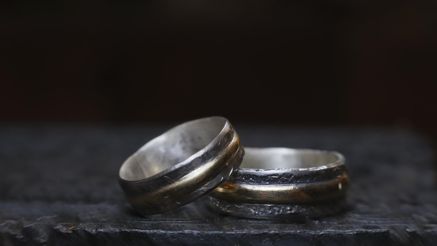 Pair Wedding Set 9ct Gold Banded Sterling Silver Rings