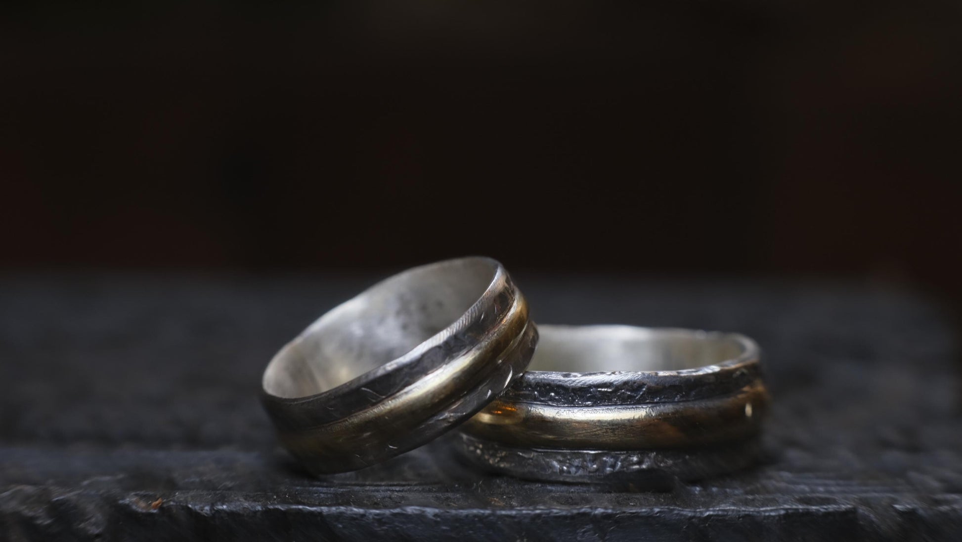 Pair Wedding Set 9ct Gold Banded Sterling Silver Rings