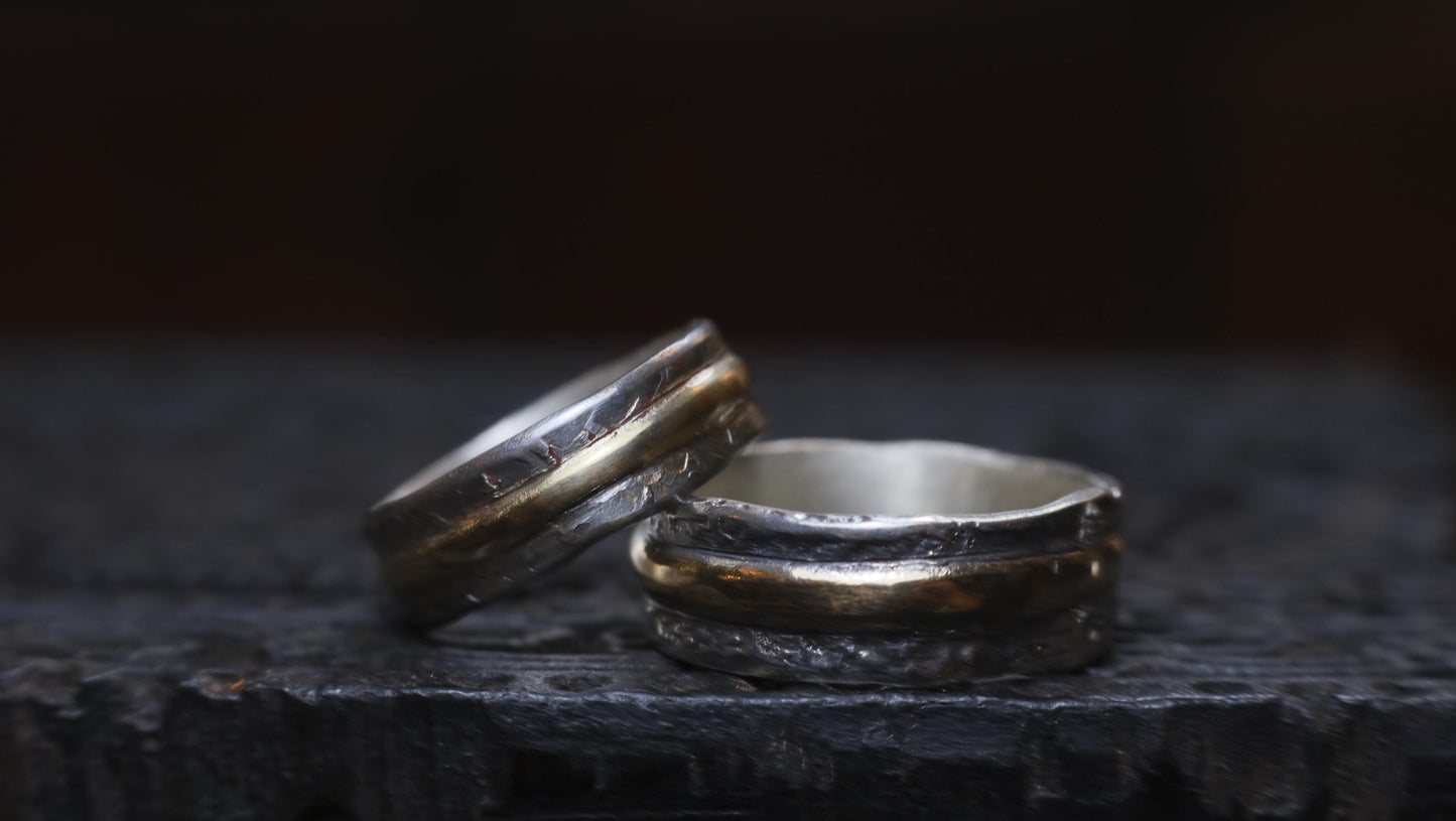 Pair Wedding Set 9ct Gold Banded Sterling Silver Rings