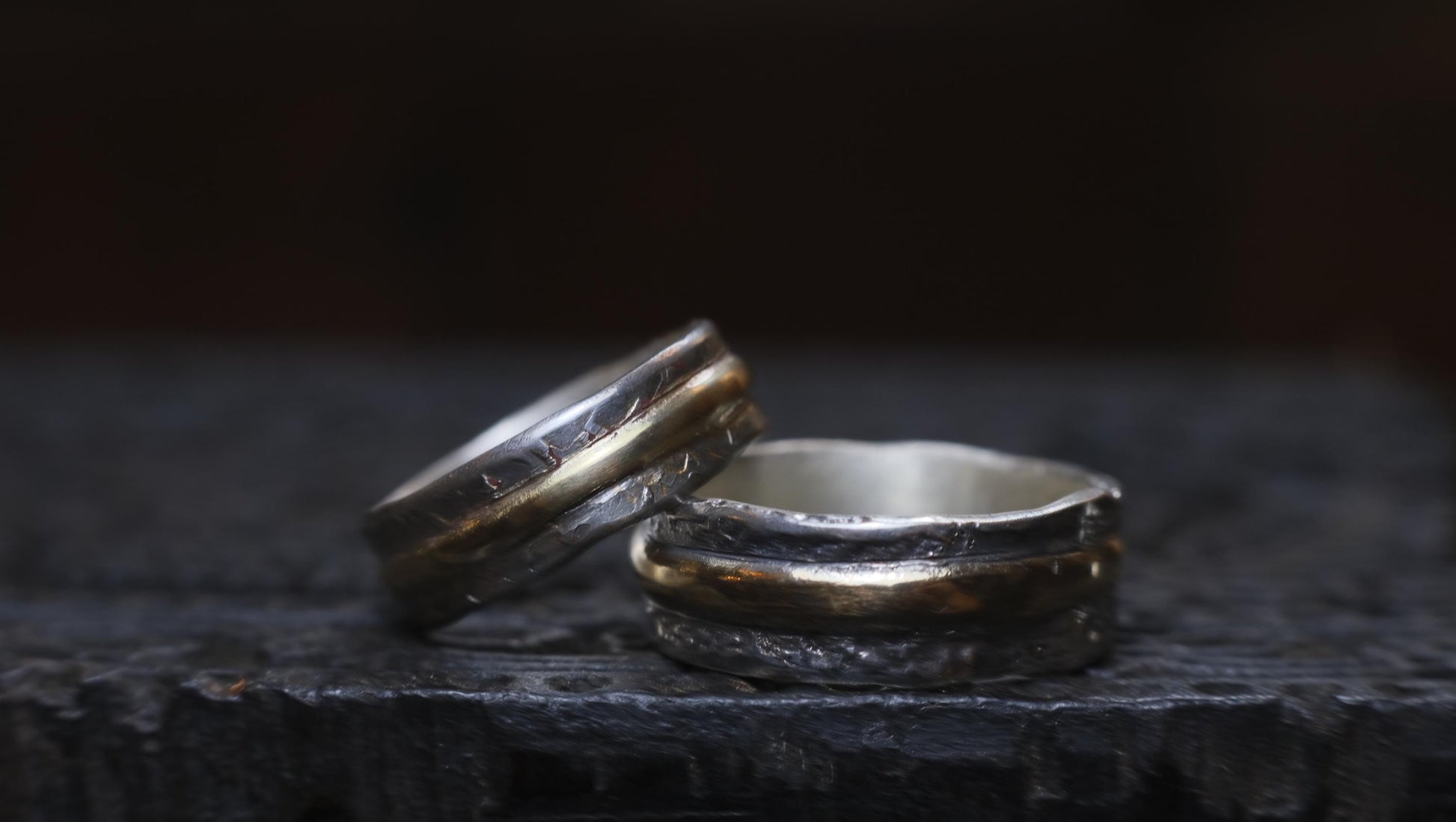 Pair Wedding Set 9ct Gold Banded Sterling Silver Rings