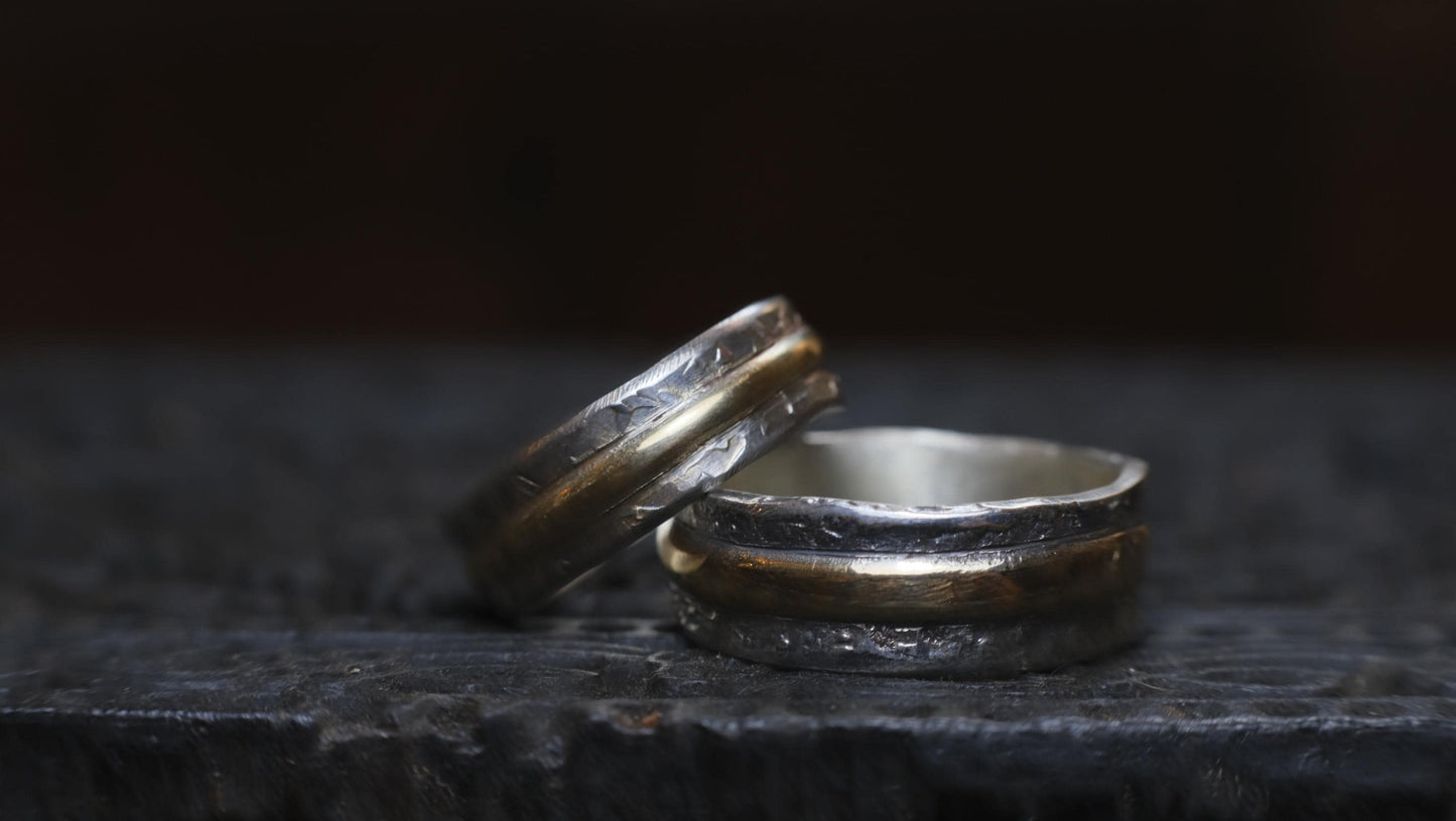 Pair Wedding Set 9ct Gold Banded Sterling Silver Rings