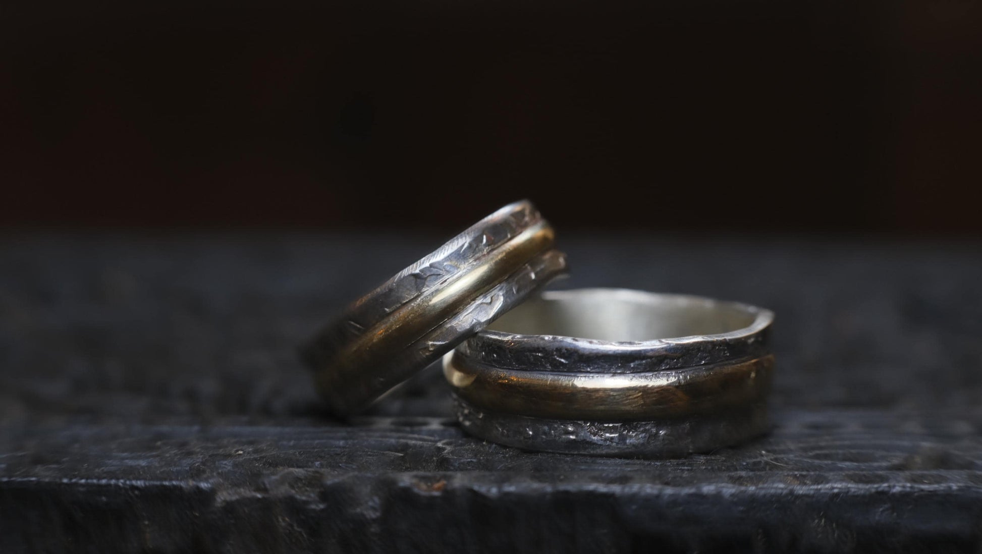 Pair Wedding Set 9ct Gold Banded Sterling Silver Rings
