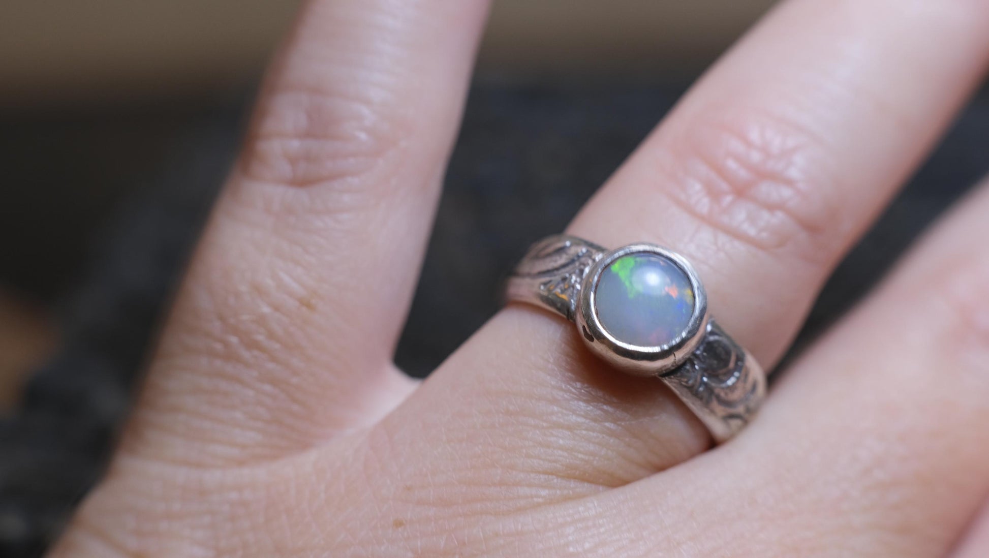 Lightning Ridge Solid Opal and Paisley Textured Sterling Silver Ring US Size 7
