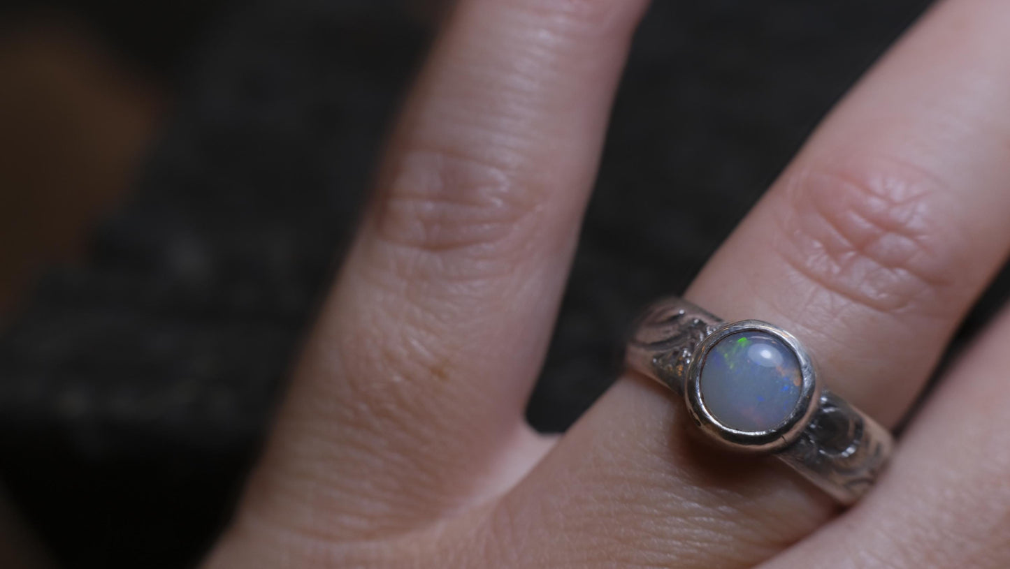 Lightning Ridge Solid Opal and Paisley Textured Sterling Silver Ring US Size 7