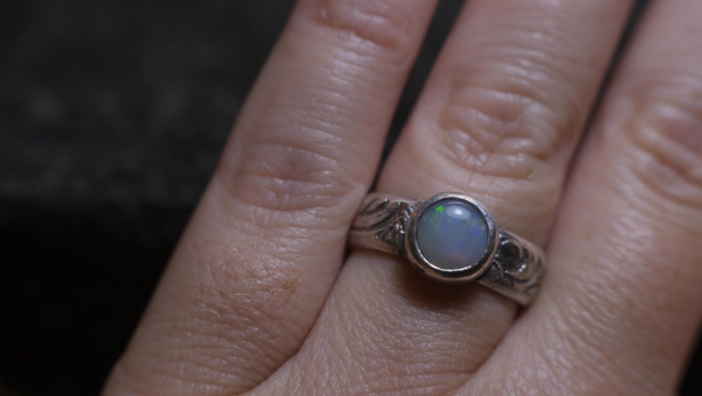 Lightning Ridge Solid Opal and Paisley Textured Sterling Silver Ring US Size 7