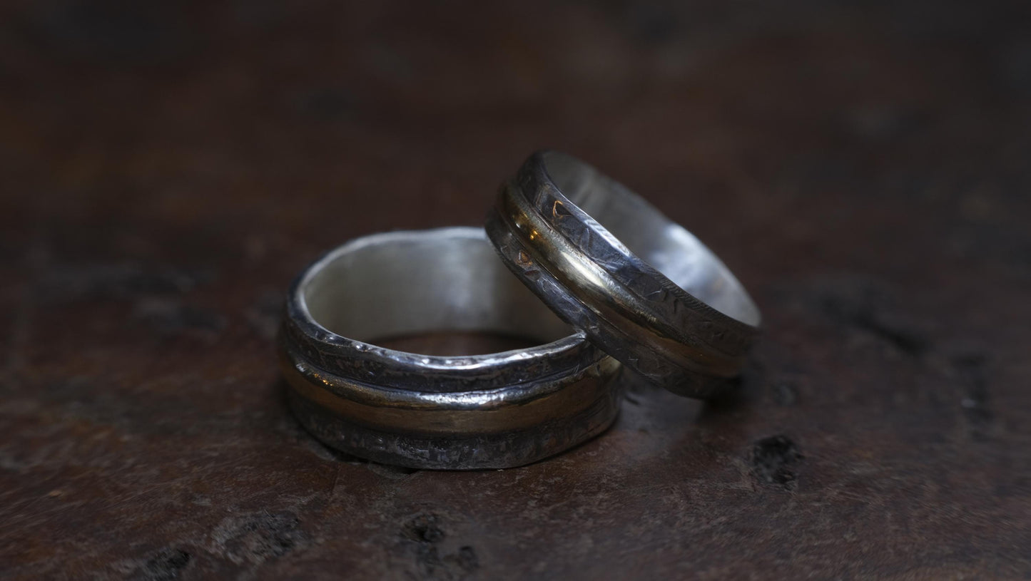 Pair Wedding Set 9ct Gold Banded Sterling Silver Rings