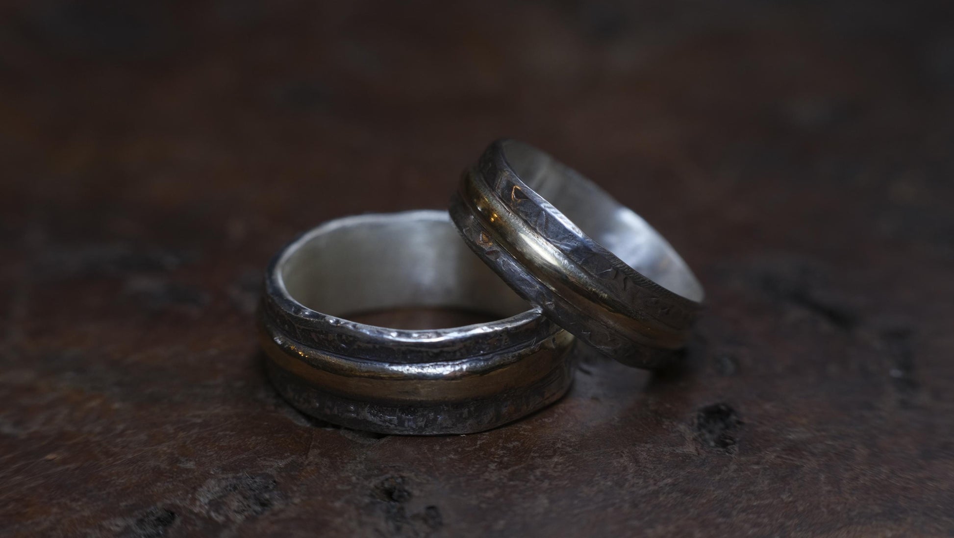 Pair Wedding Set 9ct Gold Banded Sterling Silver Rings