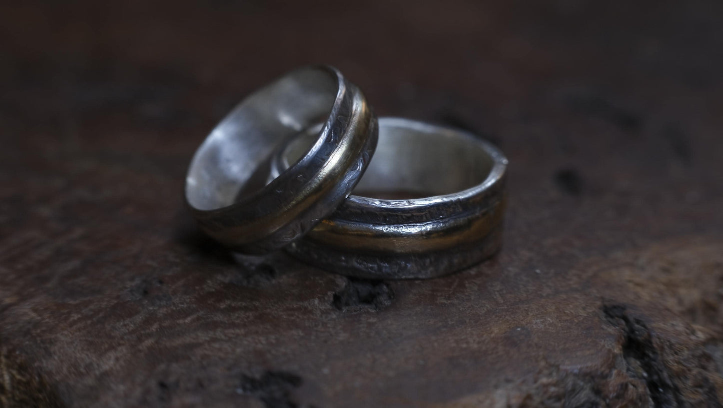Pair Wedding Set 9ct Gold Banded Sterling Silver Rings