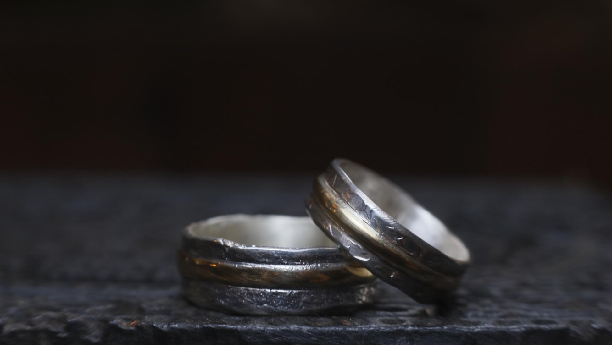 Pair Wedding Set 9ct Gold Banded Sterling Silver Rings