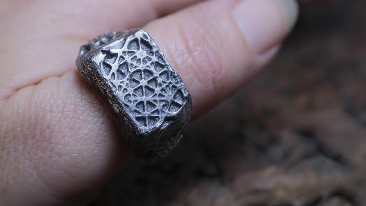 Metatron's Cube sterling silver ring with oxidised sacred geometry design