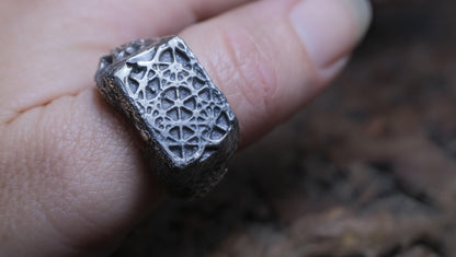 Metatron's Cube sterling silver ring with oxidised sacred geometry design