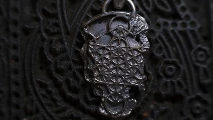 Handmade sterling silver Metatron's Cube talisman with oxidised sacred geometry design