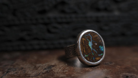 Australian Boulder Opal Sterling Silver Ring with Textured Band US Size 8.25