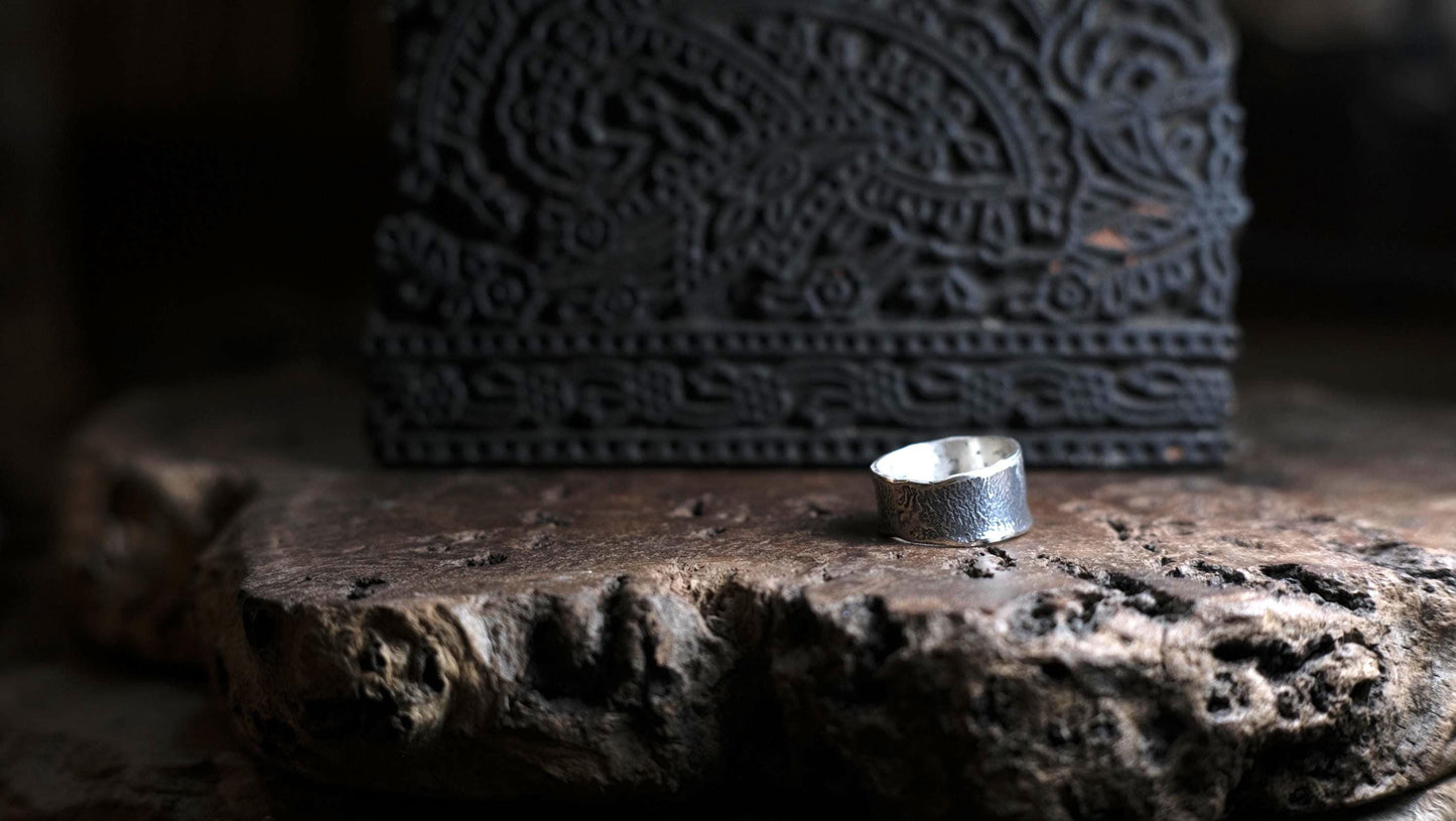 Rustic Textured Sterling Silver Ring - Organic Earth Inspired Band US Size 8.5