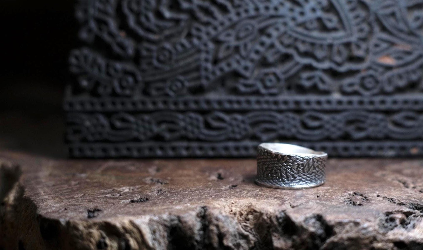 Handmade Sterling Silver Wide Banded Textured Ring - Oxidised Finish