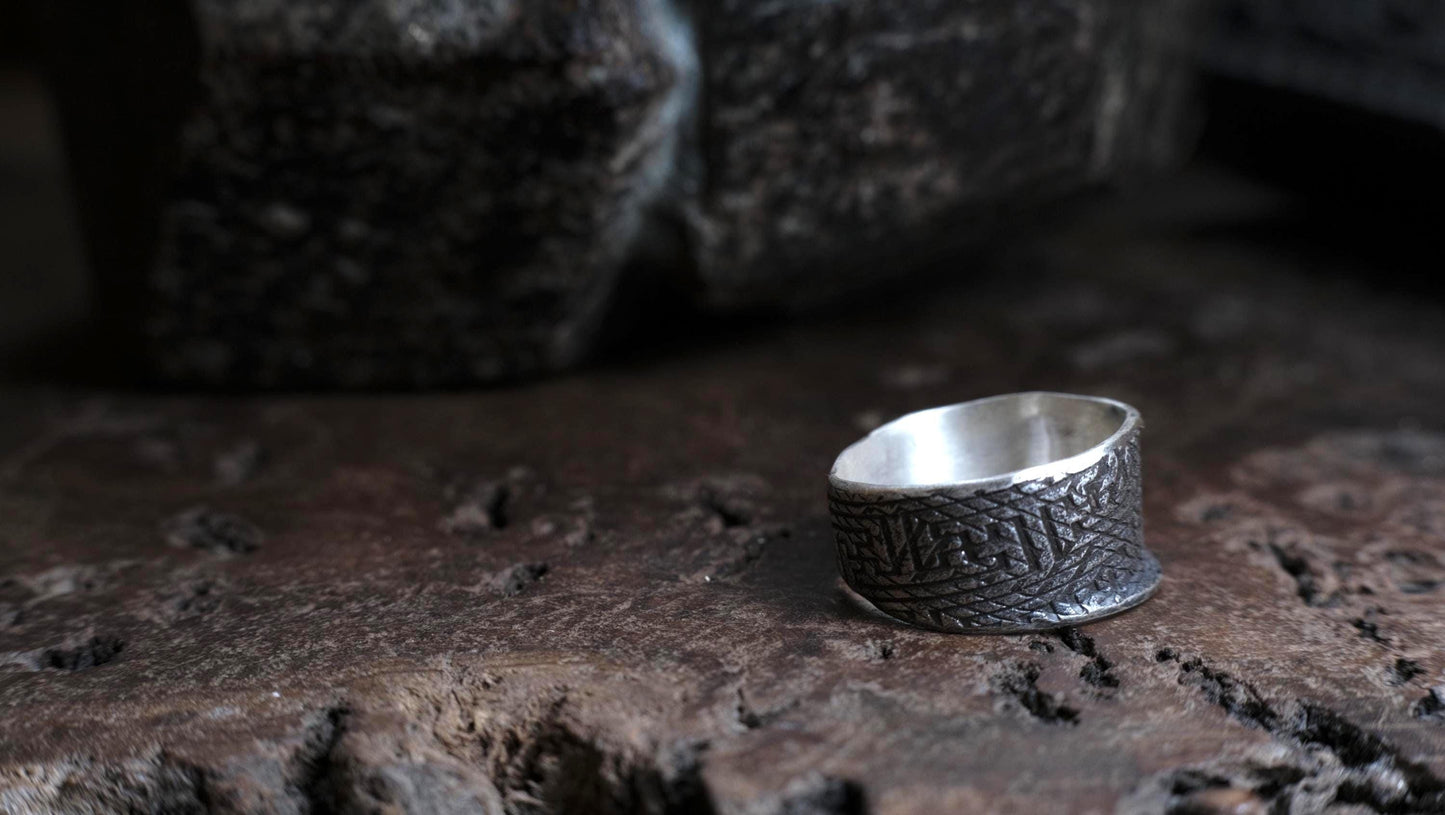 Handmade Sterling Silver Wide Banded Textured Ring - Oxidised Finish