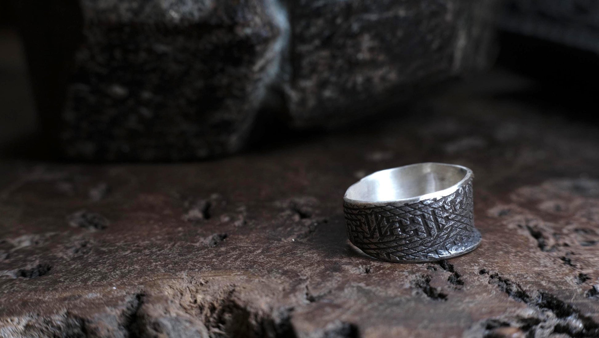 Handmade Sterling Silver Wide Banded Textured Ring - Oxidised Finish