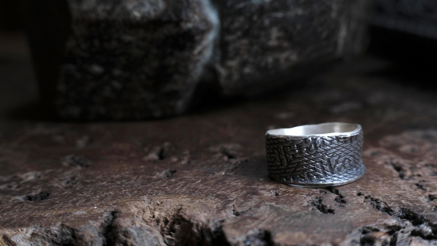 Handmade Sterling Silver Wide Banded Textured Ring - Oxidised Finish