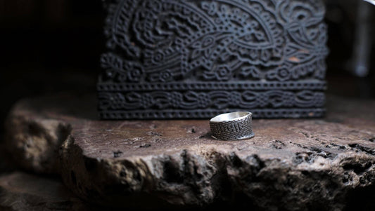 Handmade Sterling Silver Wide Banded Textured Ring - Oxidised Finish